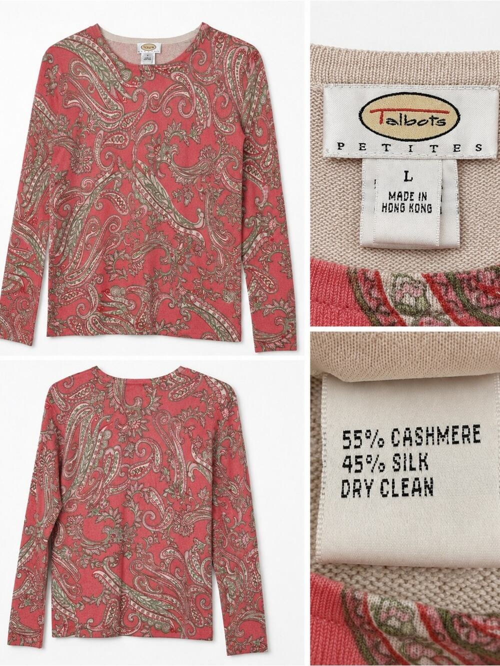 Talbots Petites Silk Cashmere Paisley Sweater Women’s Large Coral Pink